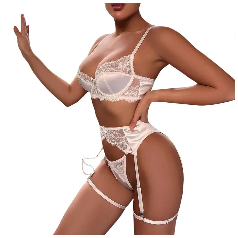 4pc Womens Lingerie Lace Eyelash Satin Bow Garter Belt 여자속옷 판타지 세트 LenceríA Atrevida De Mujer нижнее белье женское Сексуальные — image 2