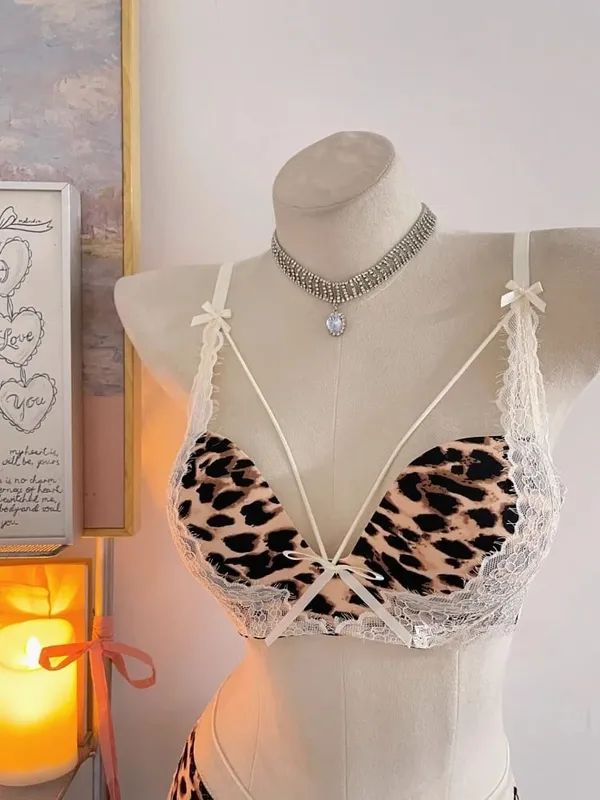 New Sexy Leopard Print Deep V Push Up Bra Lingerie Set for Women Small Bust Push Up Effect Anti Ptosis Daily Wear 32-38 Bra Set — image 6