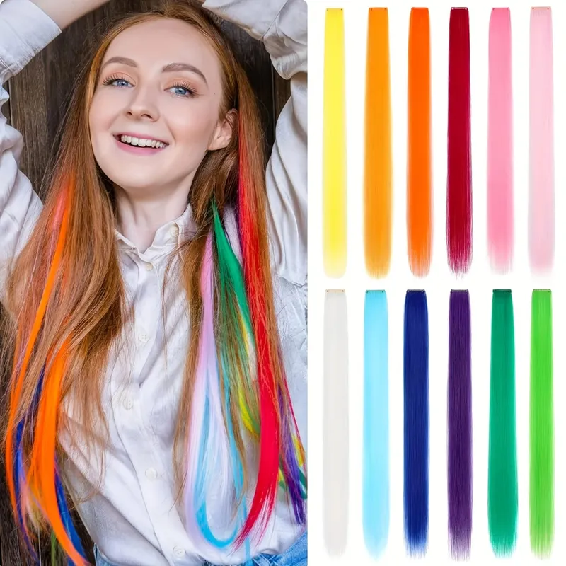 12 Pcs/lot Clip in Hair Extensions Multi-Colors Highlights Synthetic Hair 22 inch Rainbow Hairpieces for Girls Women Kids — image 2