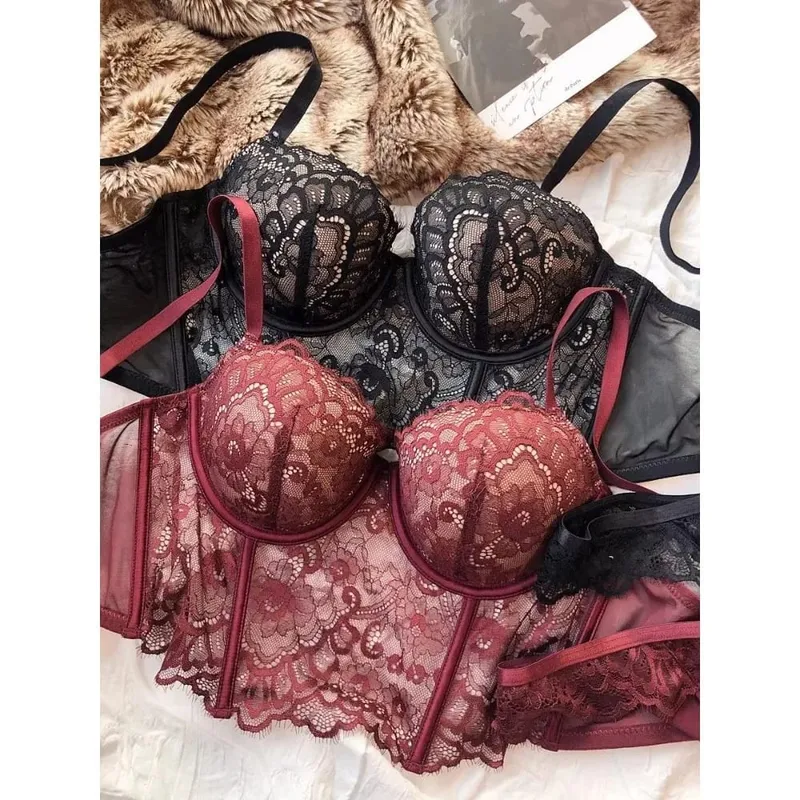 Women French Lace Fishbone Bra Soft Underwire 3/4 Cup Push‑Up Anti Sag Lingerie Slim Side Boob Control Sexy Ladies Underwear — image 3