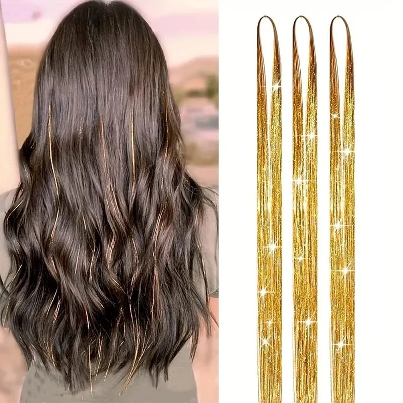 90cm Synthetic 3pcs/set Rainbow Colored Shiny Hair Laser Tinsel Long Straight Heat-Resistant Fairy Hair Extensions Party Daily — image 10