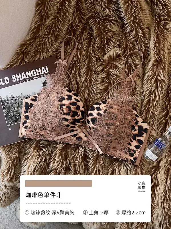Dam sexigt leopardtryck spetsunderkläderset 32‑38AB trådlöst push-up sidostöd Anti-Sag Pure Desire Underkläder HOT