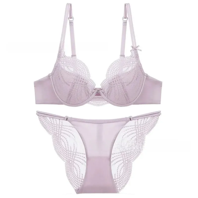 Hollow Thin Cup Women Lingerie Set Seamless French Style Push Up Bra Set Silk Satin Lace Embroidery Lingerie Women Intimates