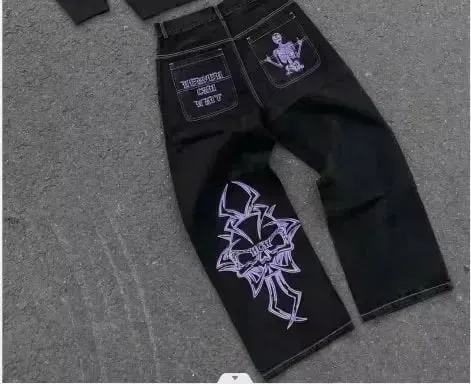 Black Winged Angel Skull Embroidered Baggy Denim Jeans Men Y2K Streetwear Vintage Oversized Cotton Casual Hip Hop Fashion Pants — image 12