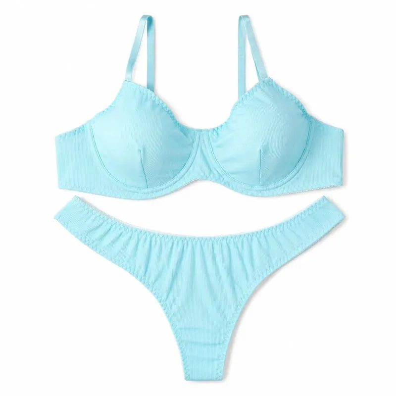 Women Solid Ribbed Lingerie Set Underwire Thin Cup Bra Matching Low Rise Thong Soft Daily Intimates