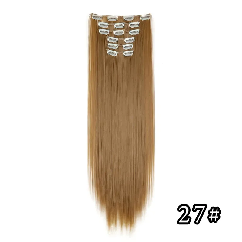 24 Inch Synthetic Clip in Hair Extensions Long Straight Heat Resistant Fiber Hairpiece for Party Cosplay Daily Wear Blonde Black