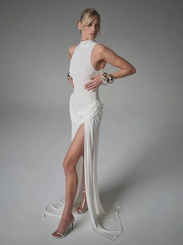 Blifanbo-Vestido largo plisado de cintura alta, sin mangas, con cuello alto y hombros descubiertos, para mujer, elegante, a la moda, para fiesta y Club — image 6