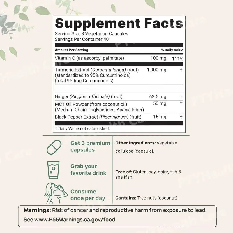 Turmeric Curcumin Botanical Supplement Pure Turmeric Extract Capsules with Ginger and Black Pepper 120 Pieces Per Bottle