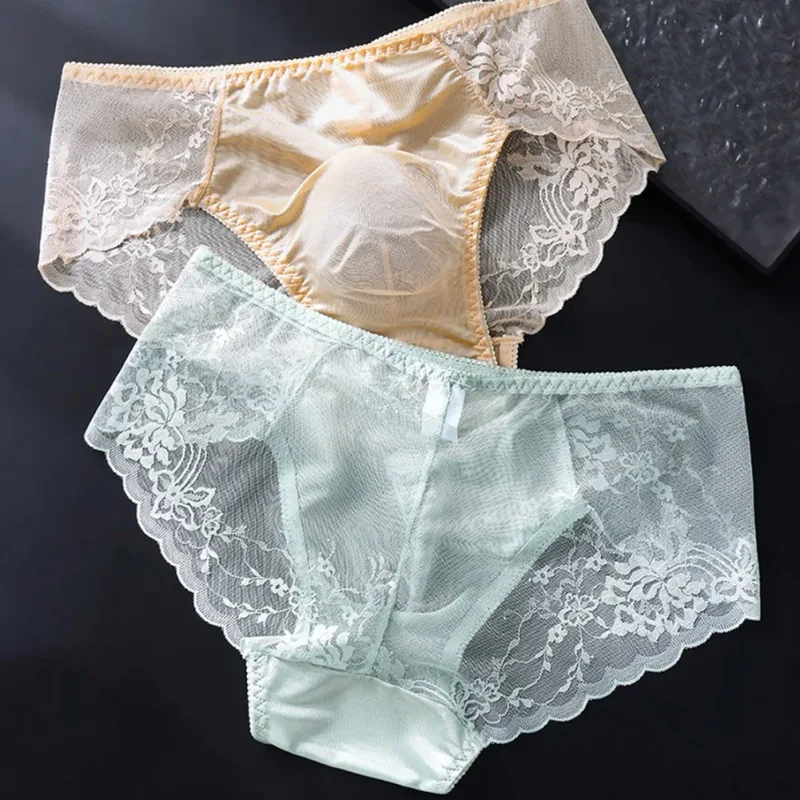 Men Lace Briefs Seamless Ice Silk Briefs Underwear 3D Bulge Pouch Low Waist Gay Panties
