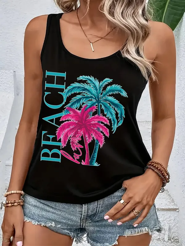 Women's Cool Summer Tops with Coconut Tree Prints Sleeveless Tops. Comfortable and Casual Beachwear for a Vacation Style.
