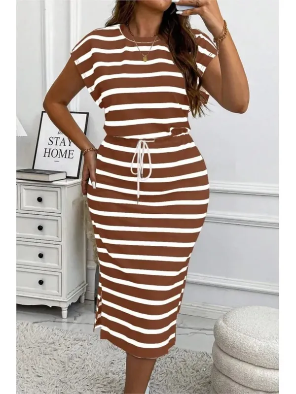 2025 Casual Striped Printed Short-sleeved Women's Dress Summer Fashion Cinched Waist Lace Up T Shirt Female Sports Dresses — image 5