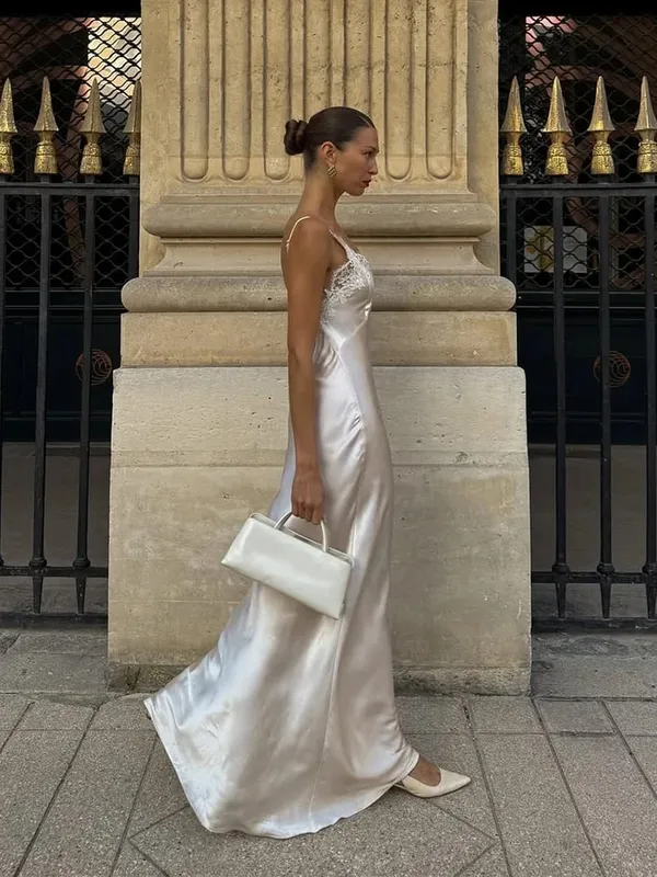 Women Sexy V-neck Satin Sling Maxi Dress Chic White Lace Patchwork Sleeveless Backless Slim Gowns Summer Evening Party Dresses — image 6