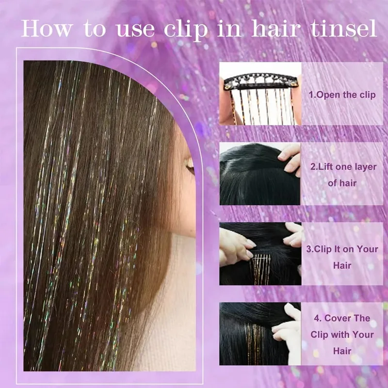 Long Straight Hair Tinsel Glitter Shiny Sparkly Synthetic Color Fresh Laser Clip in Hair Extensions Women Party Hair Accessori — image 6