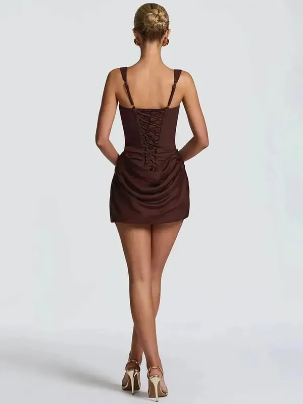 Mozision Backless Ruched Sexy Mini Dress Women Elegant Tapered Straps Square Collar Sleeveless High Waist Club Party Dress — image 5