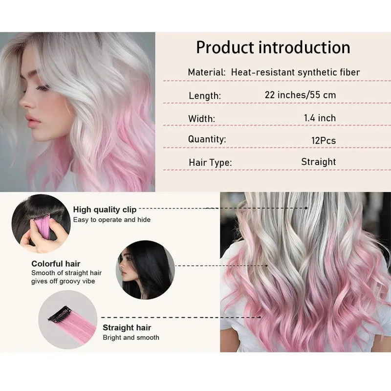 12Pcs 22 Inch Party Highlights Clip In Hair Extensions Straight for Women Multiple Colors Available Suitable for All Occasions