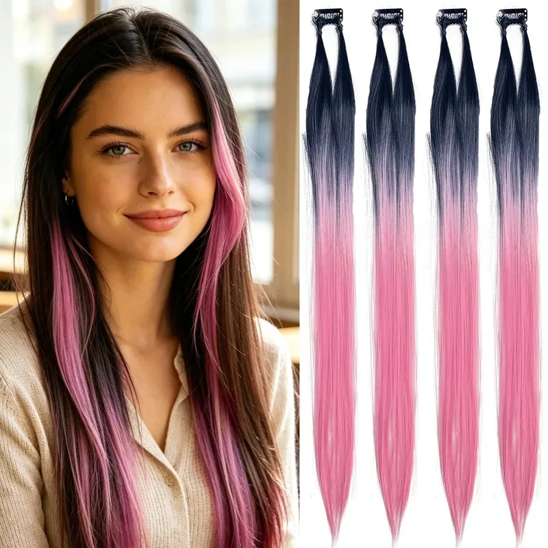 Clip‑in Hair Extensions Long Straight Ombre Synthetic Hair Pieces 2Pcs/Set Fashion Highlight Hair For Women Hair Accessories — image 2