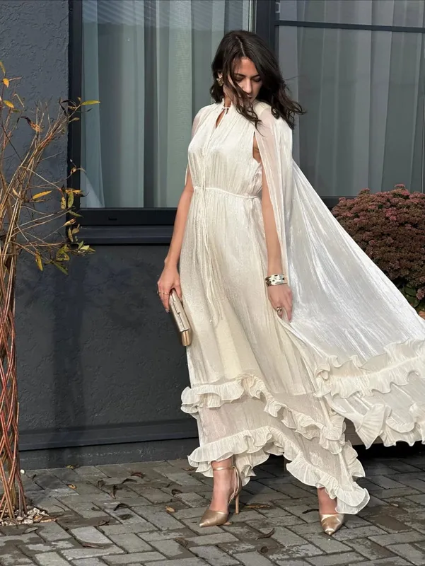 Women Solid Ruffle Maxi Dress Fashion Lapel High Waist V-neck Sleeveless Pleated Chic Dresses 2026 Summer Lady Evening Robes — image 5