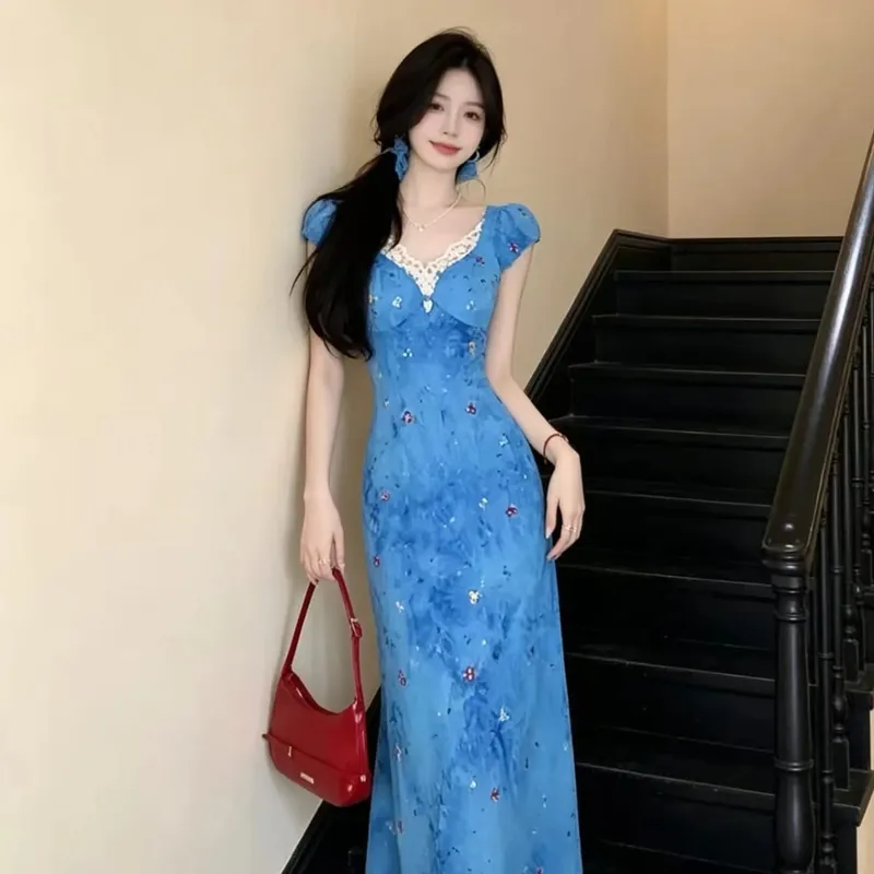 Elegant Blue Lace Splice Beach Vacation Style Tea Break Dress High Waist A-Line Skirt Short Sleeve V-Neck Commute Korean Style — image 4