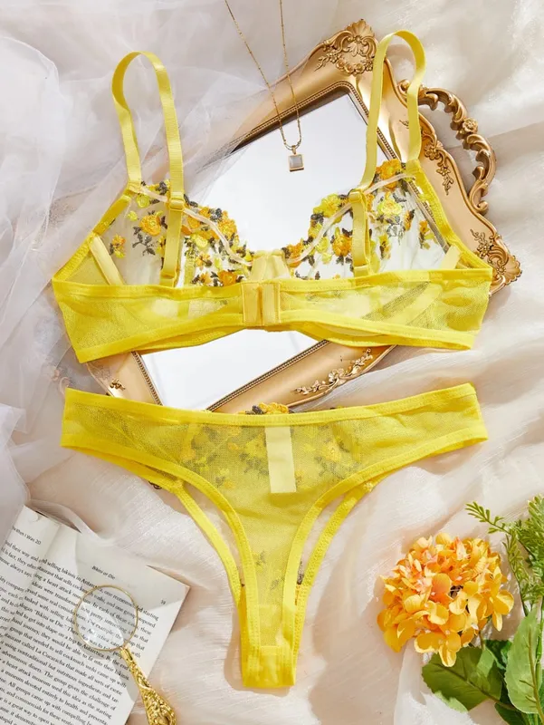 Fairy Yellow Lingerie Women Transparent Bralette 2 Piece Underwear Sets Floral Embroidery Bra Panty And Panty Set