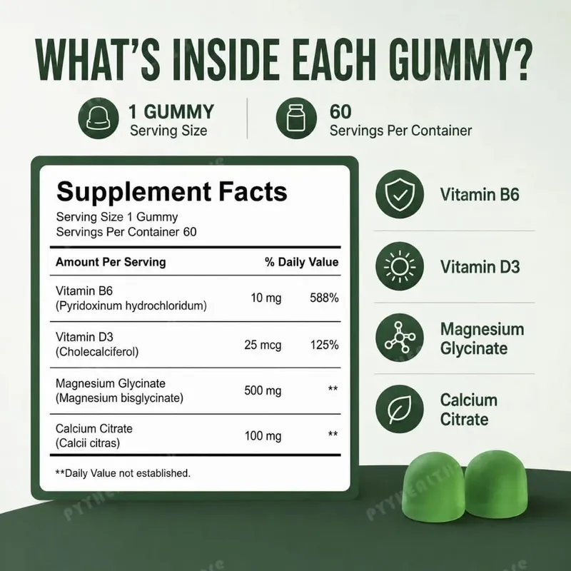 Docteat Magnesium Glycinate Gummies 500mg for Sleep & Stress Relief Bone Health with Vitamin D3 Calcium Citrate & B6 60 Count
