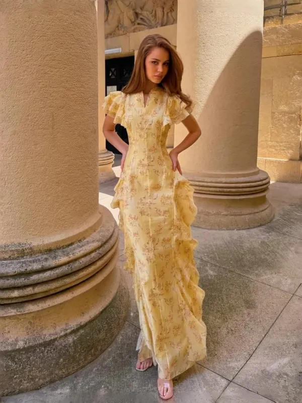 Floral Print Stand Collar Ruffled Tiered Dress Waist Cinched Flutter Sleeve 2026 Summer Women Dress Casual Delicate Lady Vestido — image 4