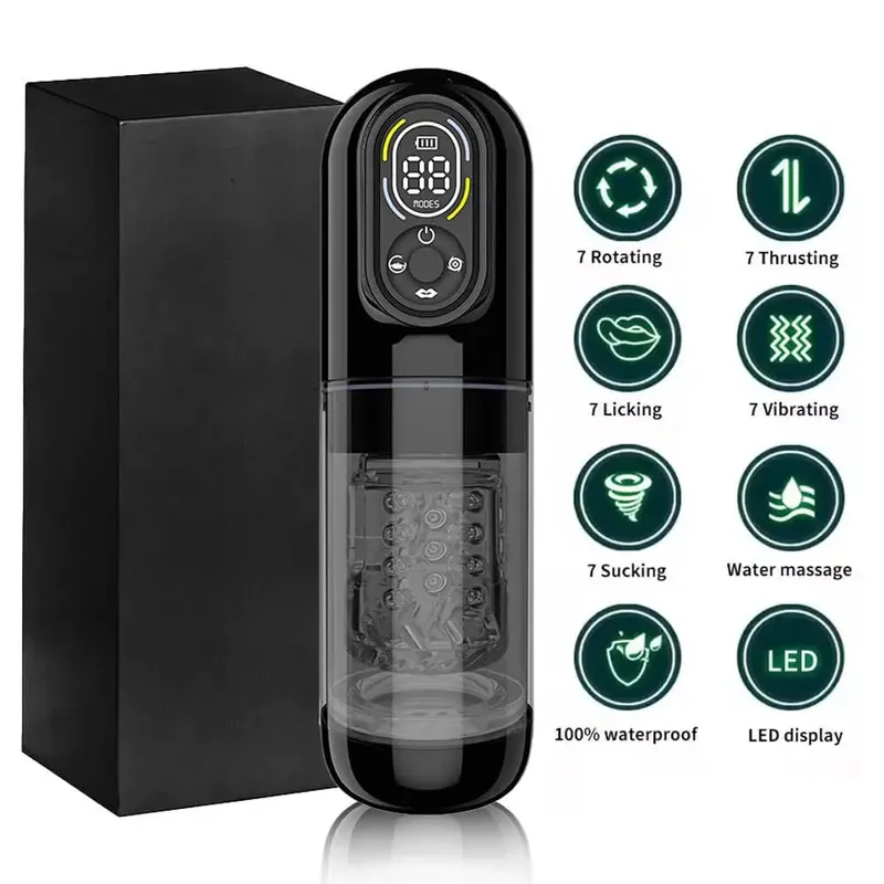 Male Masturbator Penis Pump for Men Automatic Thrusting Rotating Vibrating Sucking Licking Mode LCD Pocket Pussy Adult Sex Toys