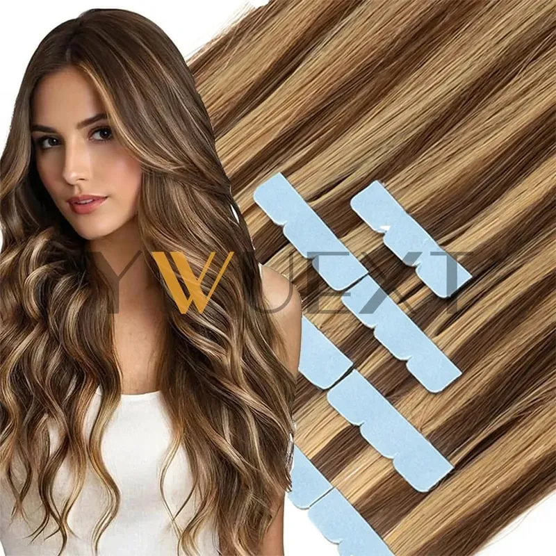 Mini Tape In Human Hair Extensions 12"-20" Machine Remy Skin Weft Adhesive Tape Hair Natural Black Brown Blonde Tape Ons 10pcs — image 2