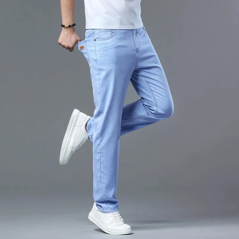 Lyocell Jeans Summer Ultra-Thin Elastic Straight Men's Denim Pants Fashion Korean Soft Drape Cool Business Casual Trousers — image 3