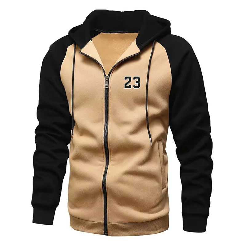 Men's Number 23 print Fleece Hoodies Long Sleeve Sweatshirts for Men Zipper Hooded Mens Fashion color blocking Sweatshirt — image 3