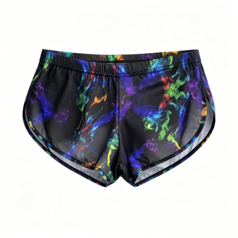 Men Galaxy Smoke Print Split Hem Ice Silk Trunks Low Rise Quick Dry Slim Lounge Shorts Lightweight Breathable Underwear for Gym