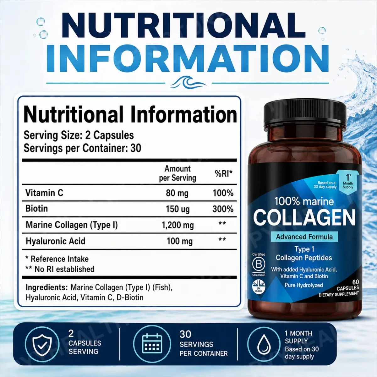 Marine Collagen Capsules for Women & Men Type I Peptides with Hyaluronic Acid Vitamin C & Biotin Beauty Glow Nails 60 Count — image 2