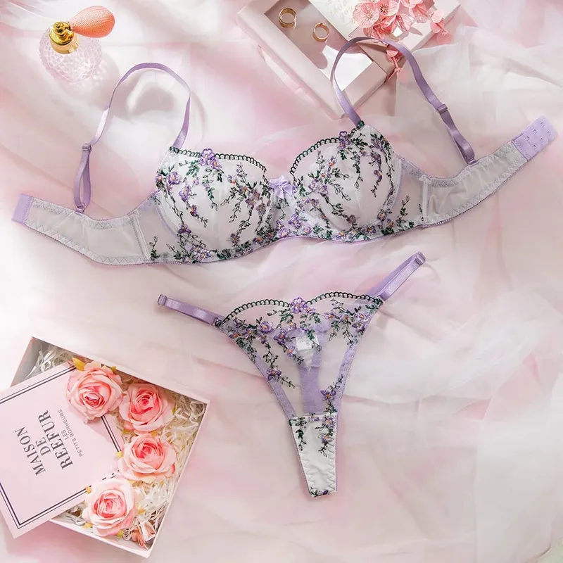 Lingerie Bunga Push Up Transparan Ultra Tipis Intim Wanita Muda Bordir Renda Penuh 2025 untuk Wanita Set Bra dan Celana Dalam Seksi — image 2