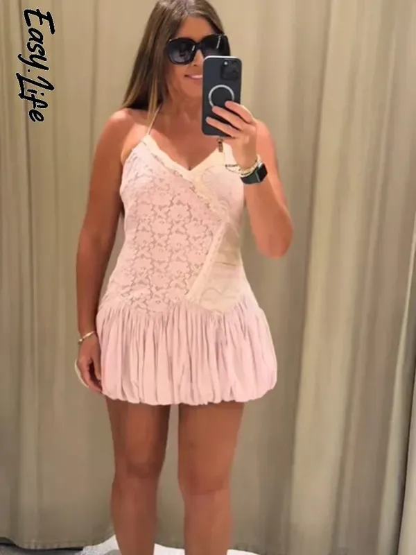 Pink Color Block Lace Spaghetti Strap Mini Dress Women Sweet Deep V Sleeveless Bubble Hem Dresses Lady Daily Dating Casual Gown — image 4