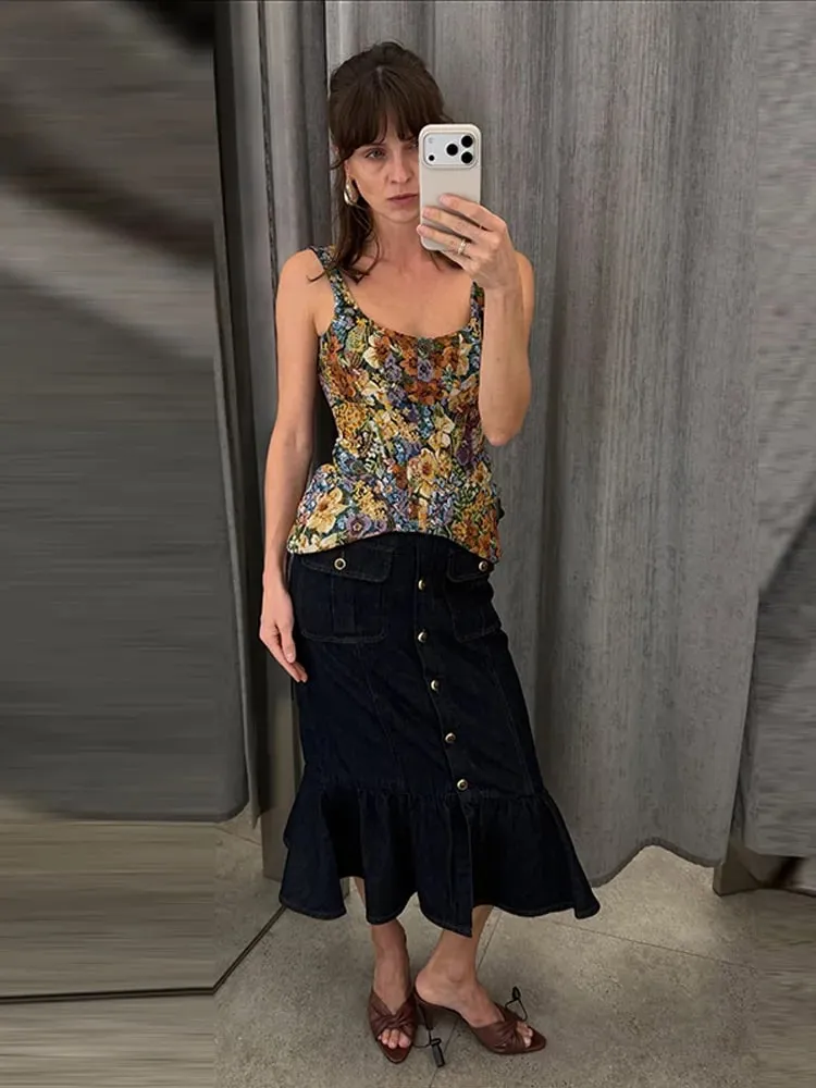 Vintage Floral U Neck Spaghetti Strap Corset Cami Top Curved Hem Fitted 2026 Summer Women Slim Tank Causla Versatlie Lady Top — image 4