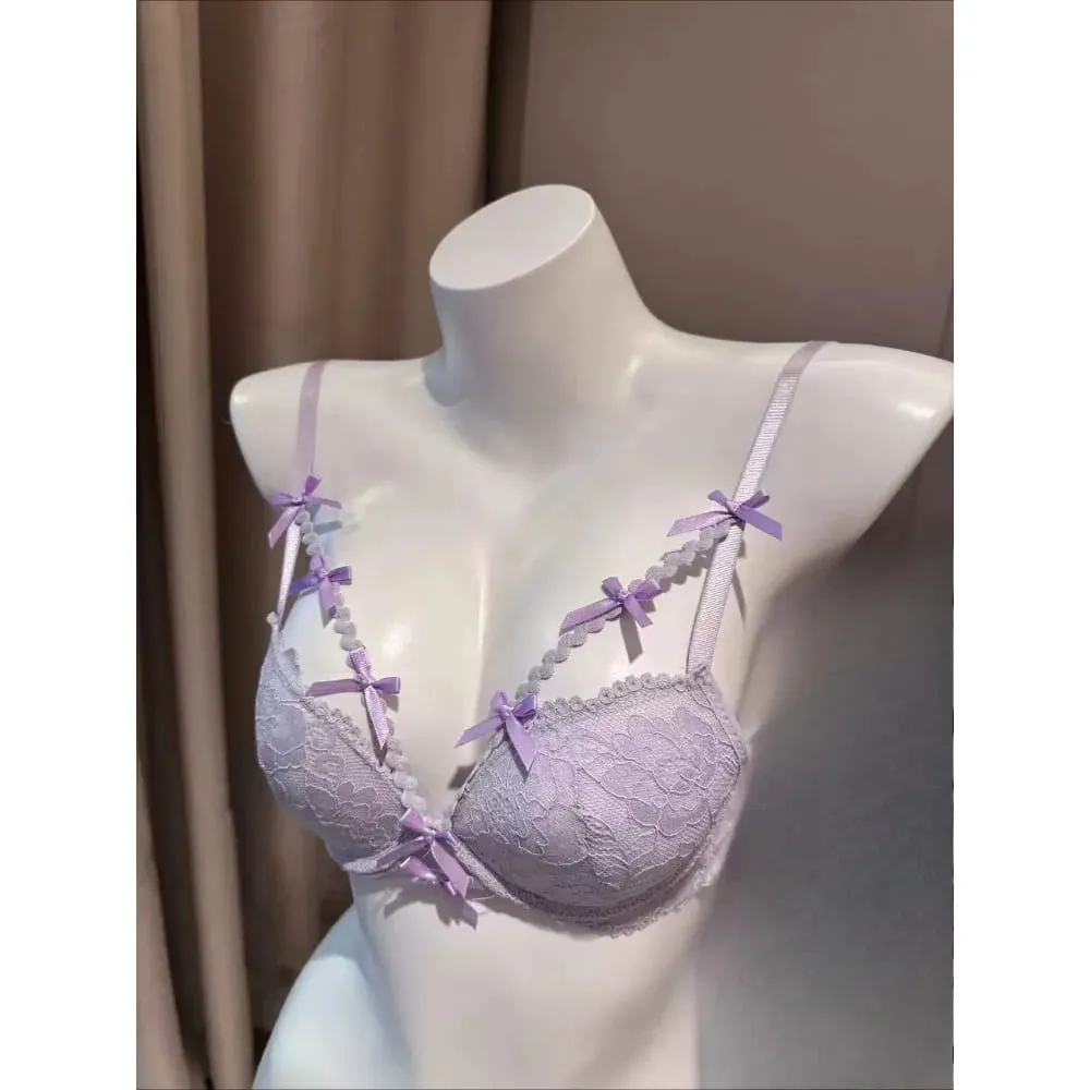Ladies Halter Neck Bra Set Purple Cross Strap Butterfly Detail Push Up Lingerie Suit 32-38AB Daily Fashion Inner Wear