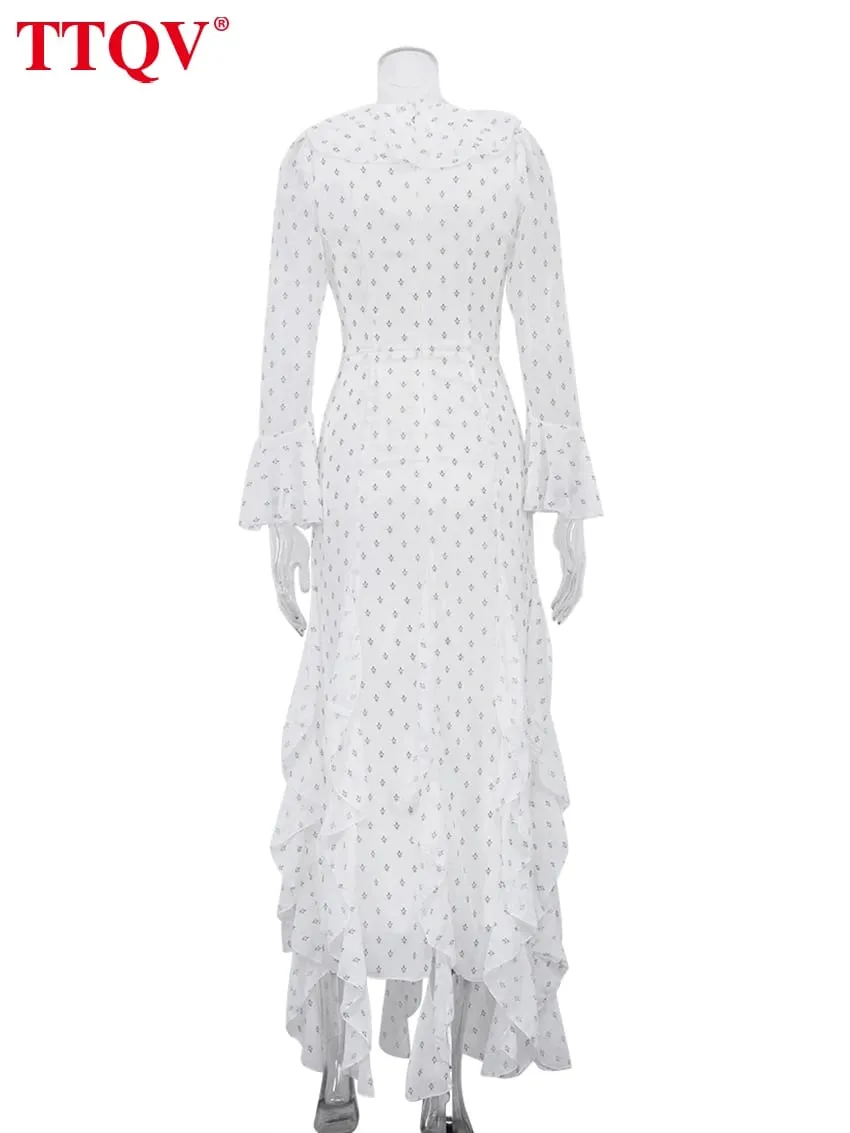 Sexy Slim Print Women's Dress 2025 Fashion V-Neck Long Sleeve Ankle Length Dresses Elegant Classic Ruffles Female Dress — image 6