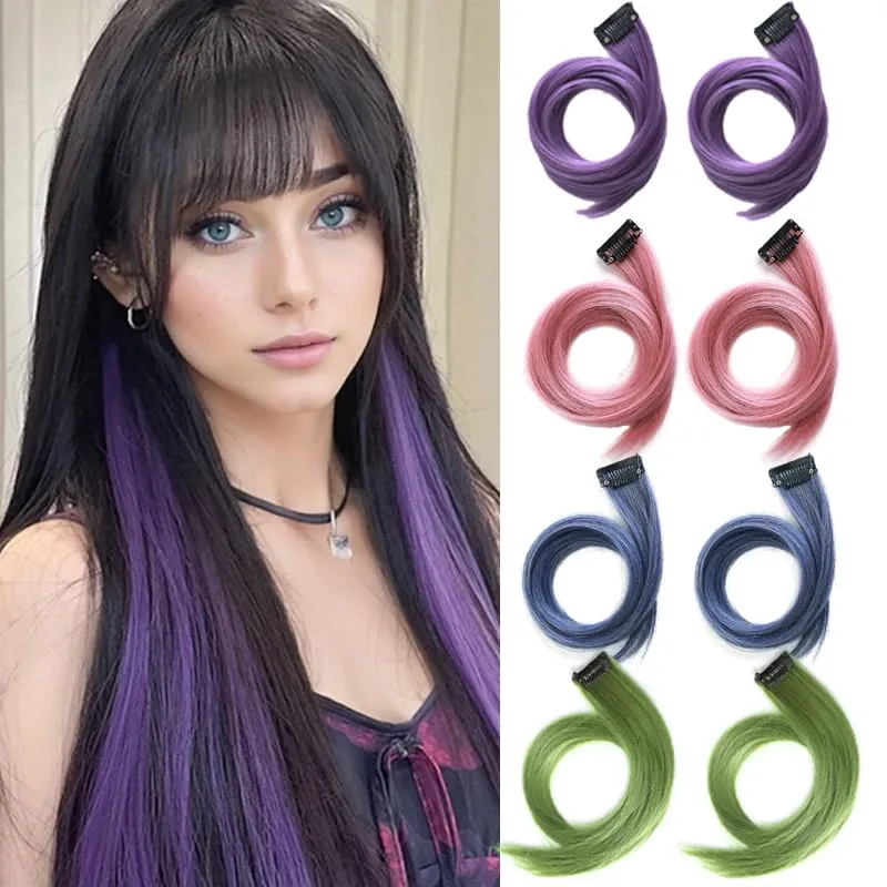 2PCS/SET Colored Party Highlights Clip in Hair Extensions 24inch Long Straight Hair Clips Hairpiece for Halloween Christmas Wear