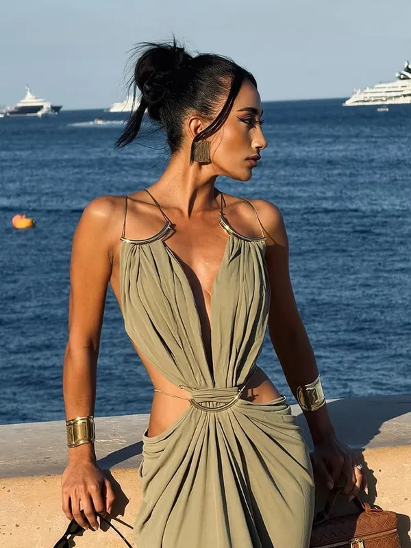 Sexy Women's Backless Dress Halter Sleeveless Waist Hollow Out Solid Female Dresses 2026 Summer Vacation Beach Fashion Lady Robe — image 1