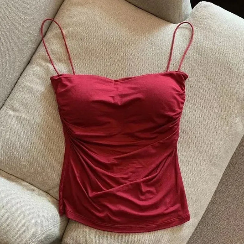 New-Sexy Solid Pleated Tank Camisole Women's Summer Spaghetti Strap Sleeveless Tops — image 8