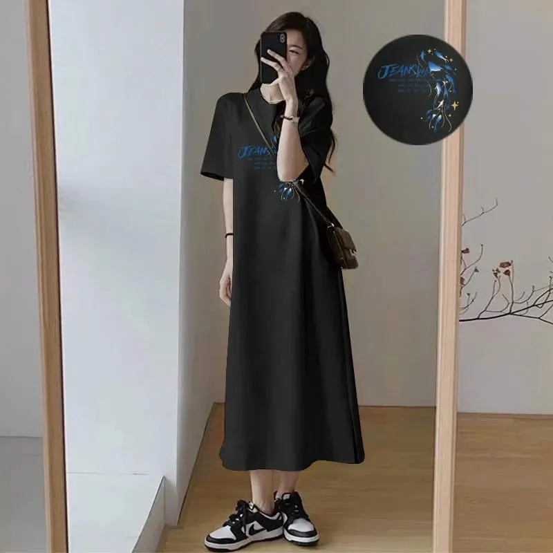 Korean Casual Maxi Tee Dress Blue Dolphin JEANS Letter Print White Loose Short Sleeve Long T-shirt Dress
