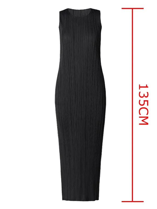 Miyake Pleated 여성 드레스 여름 민소매 긴 클래식 한국 패션 캐주얼 우아한 여성 Lce 워터 블루 비치 드레스 TP5045