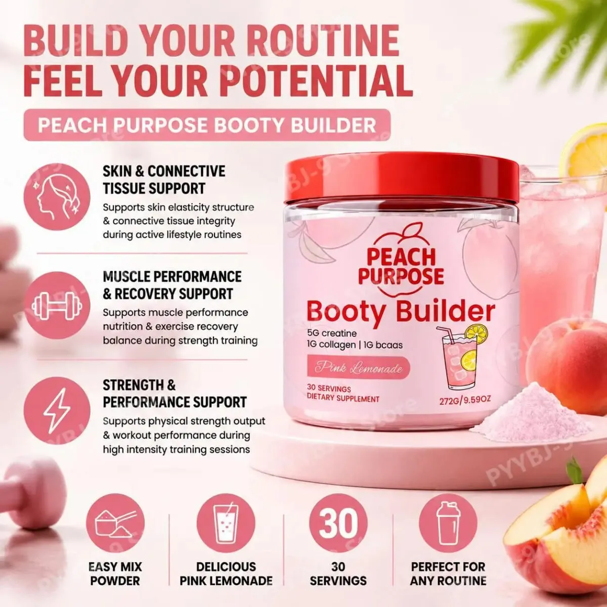 Peach Purpose Collagen Powder Skin Elasticity & Workout Recovery Support for Active Fitness and Strength Routines 30 Servings — image 2