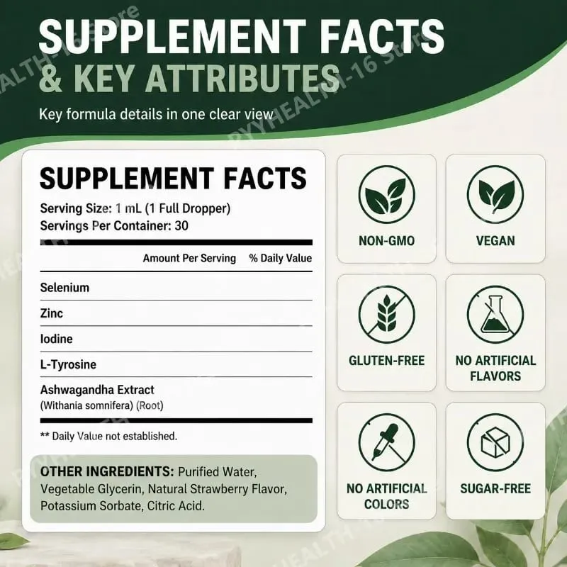 Thyroid Support Liquid Drops with Selenium Zinc Iodine L-Tyrosine & Ashwagandha for Thyroid Health and Daily Support Vegan 30ml — image 3