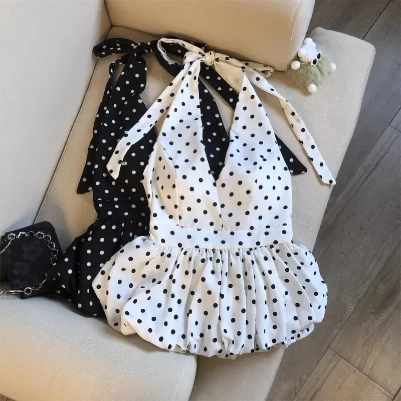 Backless Sexy Halter Beach Babydoll Crop Tops Women Polka Dots V neck Sleeveless T shirt Ruffles Basic Basic Tees Casual New — image 2