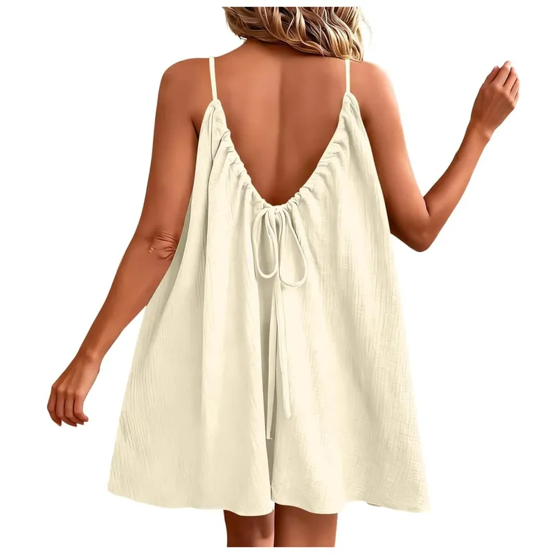 Summer Women's Cotton Linen Mini Dress 2026 New Bohemian Spaghetti Straps Dresses Backless Sundress Loose Holiday Party Robe — image 9