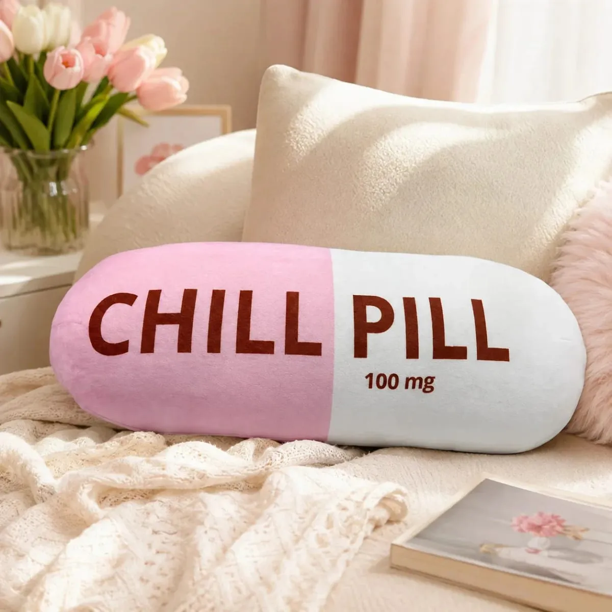 Funny Chill Pill Plush Pillow Cute Cartoon Stuffed Plushie Soft Sofa Cushion Hugging Doll Nap Sleep Pillow Birthday Gift
