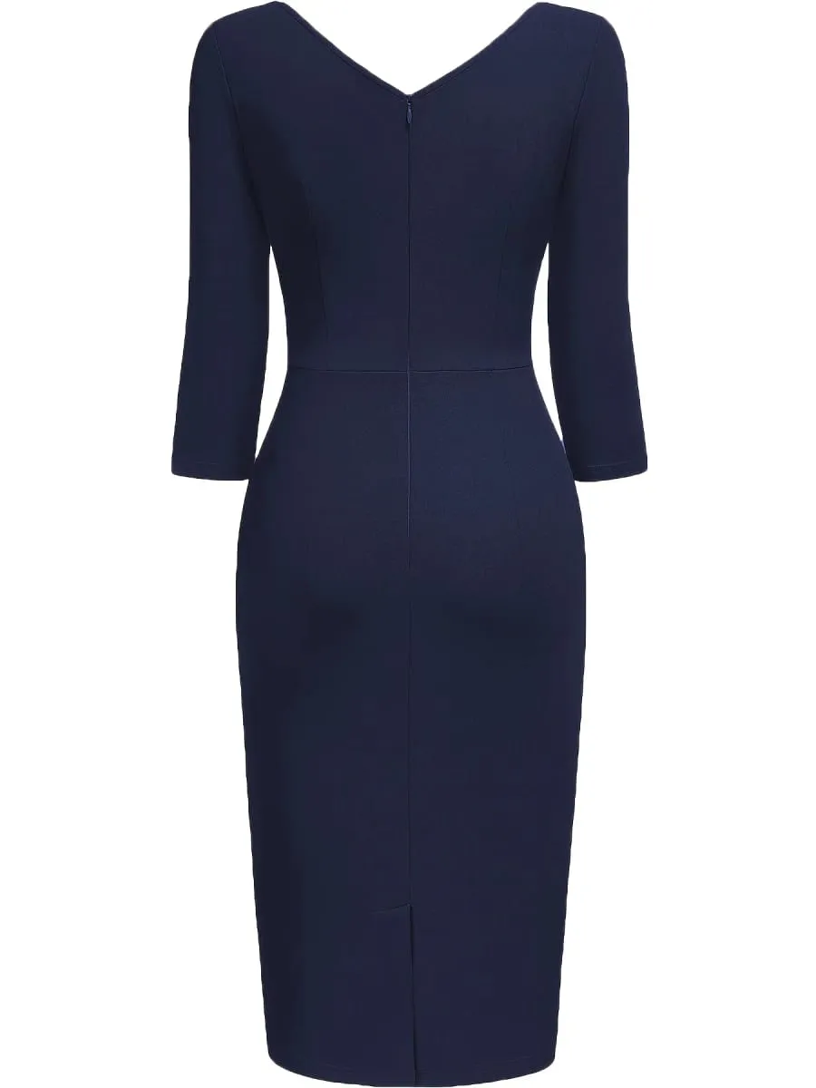Women Vintage 2/3 Sleeve Deep V-Neck Ruched Slim Knee Length Cocktail Party Wrap Sheath Bodycon Pencil Dress — image 4