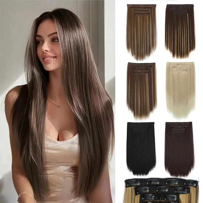 Sekeping rambut palsu untuk wanita sambungan rambut lurus panjang 11 kad set empat helai rambut klip sintetik