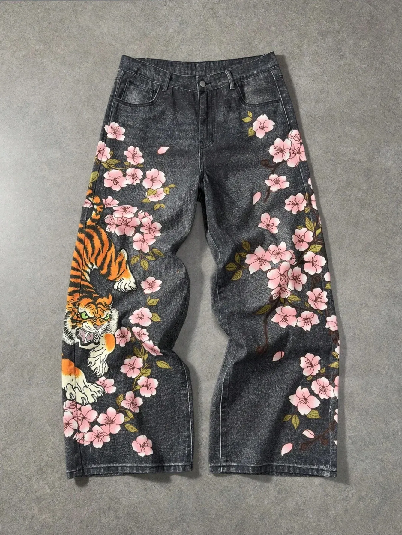 Y2K retro casual fashion high street pattern men's jeans floral tiger pattern loose high waist wide leg casual women's jeans — image 9