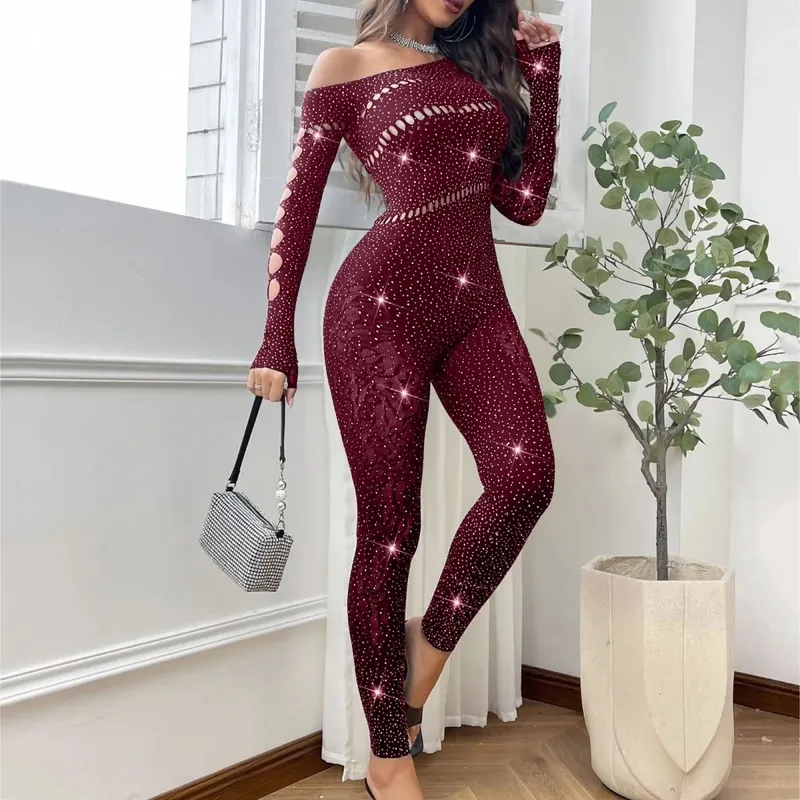 Kvinder Sexet Mesh Rhinestone Jumpsuit Langærmet Se Through High Stretch Body Strømper Jumpsuit Club Plus Size Stock Lingeri